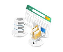 Data center isometric concept. Server, database and shopping cart on white background vector