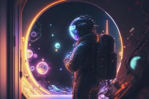 Astronaut in neon colors. . photo