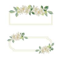 watercolor blooming rose branch flower bouquet wreath badge gold frame collection vector