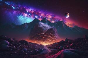 Fantastic planet, neon colors, magical lights in the galaxy. . photo