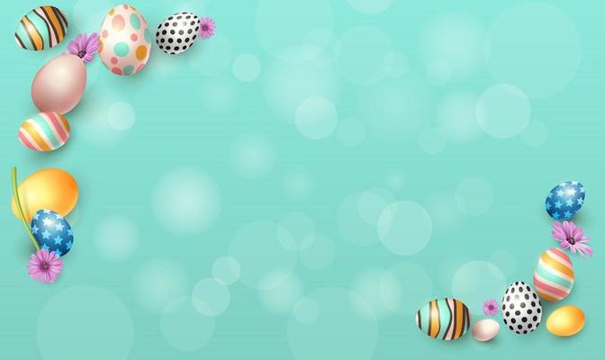 Easter banner with chocolate rabbits and beautifully painted eggs set on the grass. Concept of Easter egg hunt or egg decorating art. Background pastel color minimal design