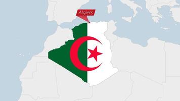 Algeria map highlighted in Algeria flag colors and pin of country capital Algiers. vector