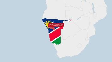 Namibia map highlighted in Namibia flag colors and pin of country capital Windhoek. vector