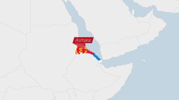 Eritrea map highlighted in Eritrea flag colors and pin of country capital Asmara. vector