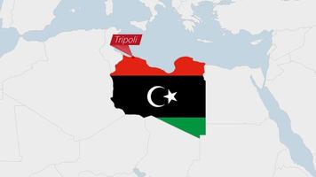 Libya map highlighted in Libya flag colors and pin of country capital Tripoli. vector