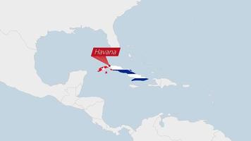 Cuba map highlighted in Cuba flag colors and pin of country capital Havana. vector