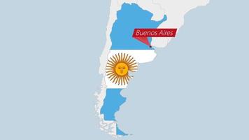 Argentina map highlighted in Argentina flag colors and pin of country capital Buenos Aires. vector