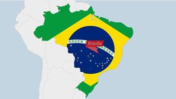 Brazil map highlighted in Brazil flag colors and pin of country capital Brasilia. vector