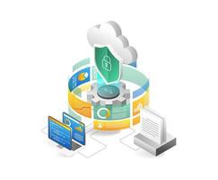 concepto 3d isométrica ilustración de nube servidor seguridad punto final análisis pantalla vector