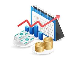 Business chart and coins on a white background. Isometric vector illustration.