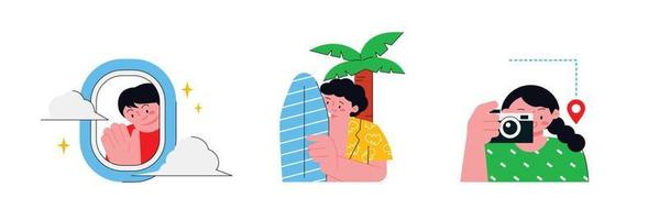 personas disfrutando verano. un chico en un avión ventana, un chico con un tabla de surf y un hawaiano camisa, y un niña tomando fotos. vector