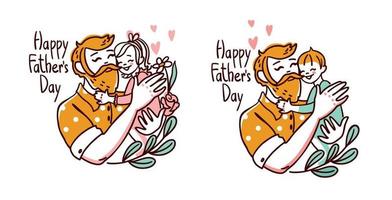 Happy father holding a child in his arms. Happy Fathers day. Set of illustration. Vector