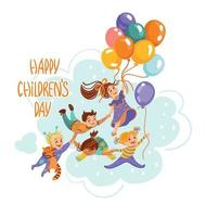 Laughing children fly clutching a bunch of balloons. Children's day.  Vector illustration.
