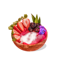 baya explosión acai cuenco transparente imagen. verano acai zalamero de madera bochas con fresas, moras, kiwi fruta. parte superior ver desayuno cuenco con Fruta y cereal, de cerca. png