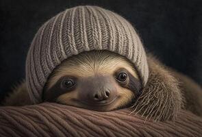 Sloth in knitted hat. . photo