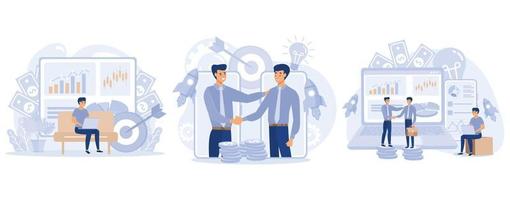 Online business concept. Tiny people conclusion of the transaction. Global cooperation on the Internet, set flat vector modern illustration