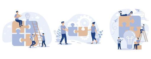 Teamwork concept. Team metaphor. People connecting puzzle elements, set flat vector modern illustration