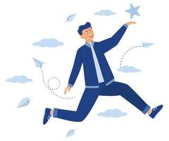 fly jump in career success. flight in skies of happy person. on the seventh heaven. the girl jumped into the sky for a star. way to success, flat vector modern illustration