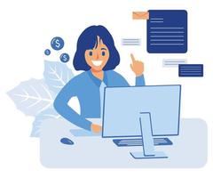 Accountant employee at work. Financial manager at computer desk. Businesswoman, office worker with finance and accounting documents, mail, flat vector modern illustration