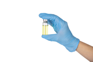 A doctor's hand in medical gloves holds a vaccine vial. Transparent background. png