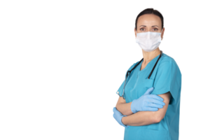 en kvinna läkare i medicinsk Kläder ser hetero ett huvud. transparent bakgrund. png
