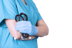 kvinna läkare i medicinsk kläder och med en stetoskop. transparent bakgrund. png