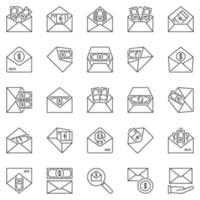 Envelope with Money outline icons set - Salary or Bribe line vector symbols