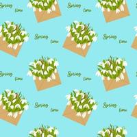 Floral seamless pattern with snowdrops in envelope and quote Spring time on blue background. Flat vector