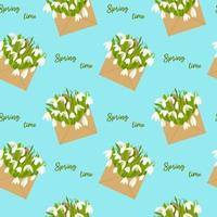 Floral seamless pattern with snowdrops in envelope and quote Spring time on blue background. Flat vector