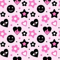 Background with pink and black hearts, stars, smileys and flowers. Seamless Pattern. Vector illustration.