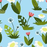 Seamless pattern with daisy, dandelion, tulip flowers and leaves on blue. Background, backdrop vector