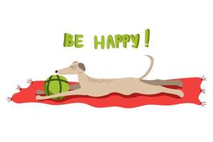 Dog lying on a red mat with a ball and the text be happy. Sticker, clip art vector