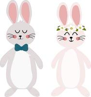 Two cute rabbits stand, children's beautiful illustration. Print design for nursery, textile, poster. Vector illustration stock. Wedding , valentines concept.