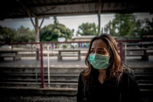 Asian traveler woman wear mask for protect coronavirus,Thai woman wearing face mask respiratory protect and filter pm2.5 photo