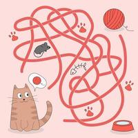 Help cute cat find path to ball of thread. Labyrinth. Maze game for kids. Messy line children logic game. Confusing path lines vector illustration.