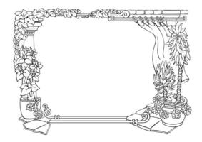 Botanical border with tropical plants. Outline floral frame. Vector