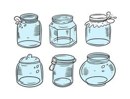 Colorful six jars. Hand drawing vector illustration. Outline sketch style.