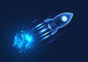 Rocket flew off the earth. It means doing business through smart technology that works through the Internet. It helps the company to grow rapidly. popular with business people vector