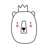 Cute Bear Face with Crown. Cartoon Muzzle Bear. Vector illustration in doodle style. Element for print, postcard and poster isolate on white background.