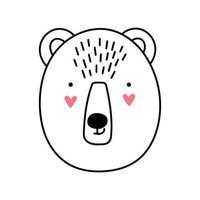 Cute Bear Face with hearts. Cartoon Muzzle Bear. Vector illustration in doodle style. Element for print, postcard and poster isolate on white background.