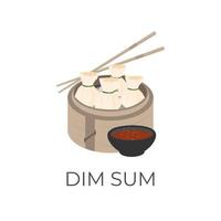 Illustration Logo Dumpling Dim Sum Money Bag On A Bamboo Steamer With Sauce And Chopsticks vector