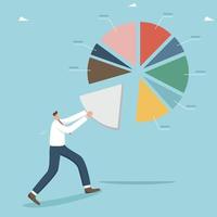 The share of profit in business or investment, marketing research in the form of a chart, statistics and optimization of large databases of information, a man puts the missing segment in a pie diagram vector