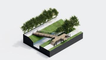 ambiente isométrica parque naturaleza. isométrica ambiental sostenible paisaje bosque con personas descansar, 3d hacer ilustración. ambiente con árbol, césped hoja, río, sendero en blanco aislado. foto