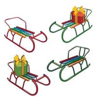 sled vector set, red and green realistic and cartoon sleds with gifts