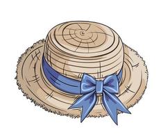 vector color image with an outline of a cute straw hat with a blue ribbon and a bow on a transparent background