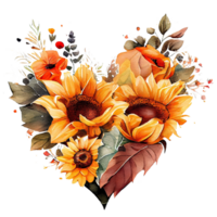 corazón conformado girasol ramo, romántico corazón viñeta hecho de Clásico flores y hojas de girasol en amable retro estilo acuarela cuadro, png transparente fondo, generativo ai.