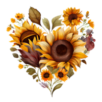 hjärta formad solros bukett, romantisk hjärta vinjett tillverkad av årgång blommor och löv av solros i mild retro stil vattenfärg målning, png transparent bakgrund, generativ ai.