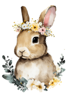 vattenfärg söt hand dragen kanin, kanin i blommig krans, blommor bukett, generativ ai png