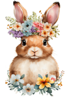 aquarelle mignonne main tiré lapin, lapin dans floral couronne, fleurs bouquet, génératif ai png