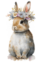 aguarela fofa mão desenhado coelho, Coelho dentro floral guirlanda, flores ramalhete, generativo ai png